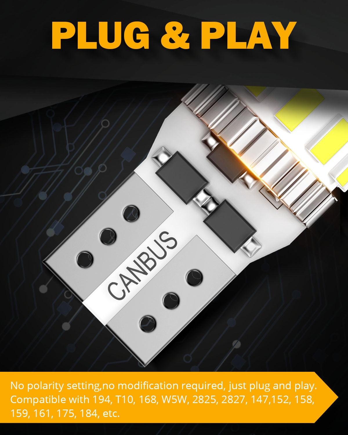 168 2825 W5W T10 LED License Plate/Side Marker/Interior Light Bulbs 3W 400% Brighter Canbus Error Free White B1 Series | 10 Bulbs 