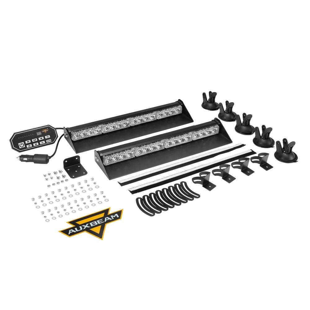 شريطان ضوئيان وامضان مقاس 17 بوصة على الزجاج الأمامي ولوحة القيادة مزودان بـ 20 نمطًا وامضًا مع حامل شفط للمركبات والشاحنات والسيارات الرياضية متعددة الاستخدامات والمركبات الرباعية