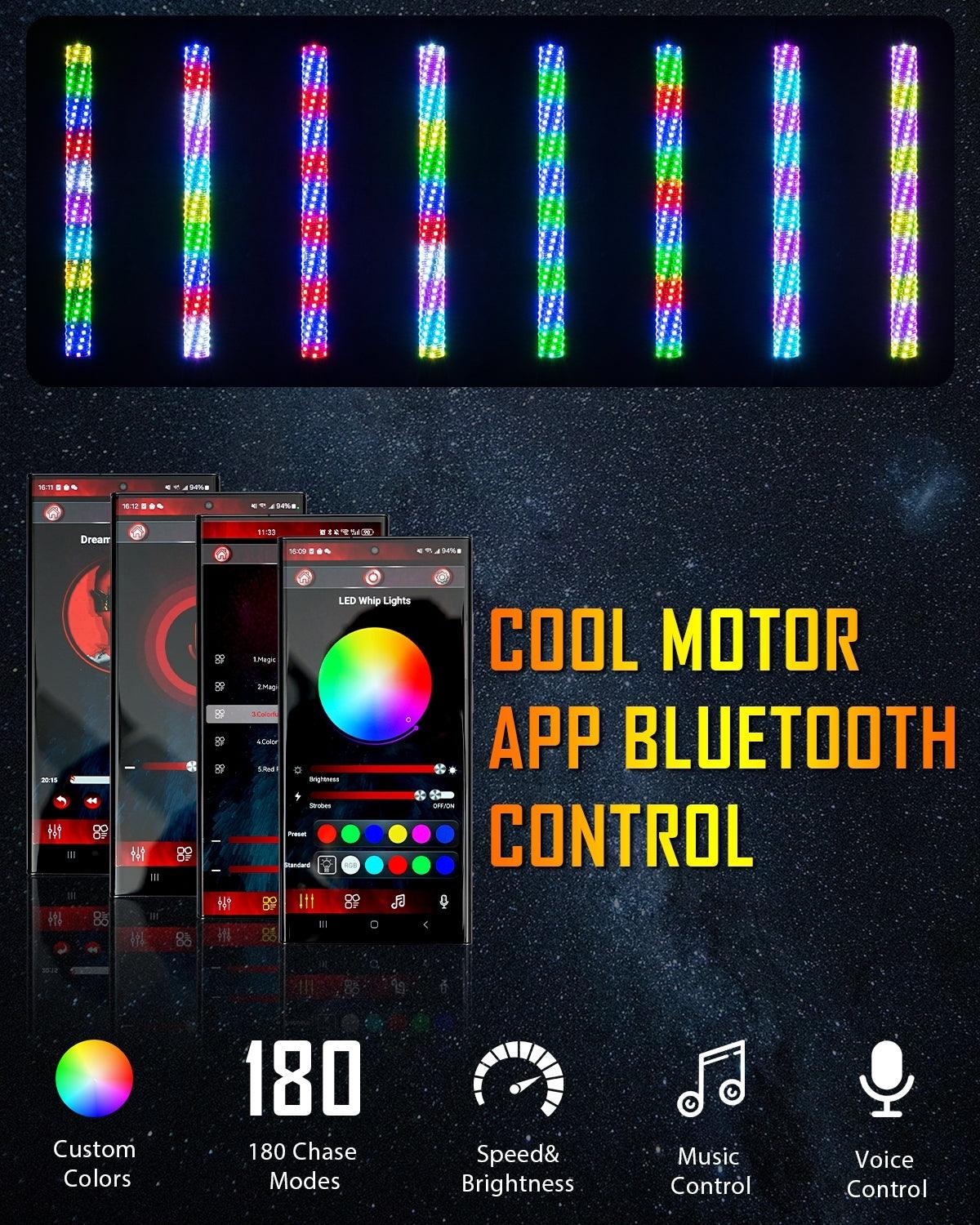 New 2.2FT LED RGB Whip Lights with Turn Signal & Brake Light, Bluetooth APP/ Remote Control