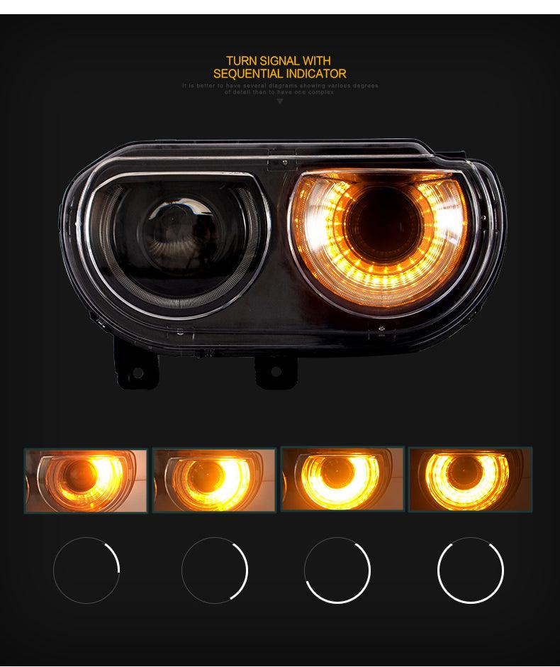 مجموعة مصابيح أمامية LED بنمط RGB مع جهاز عرض مزدوج الشعاع باللون الأسود لسيارة دودج تشالنجر الجيل الثالث (ما قبل التعديل) موديلات 2008-2014