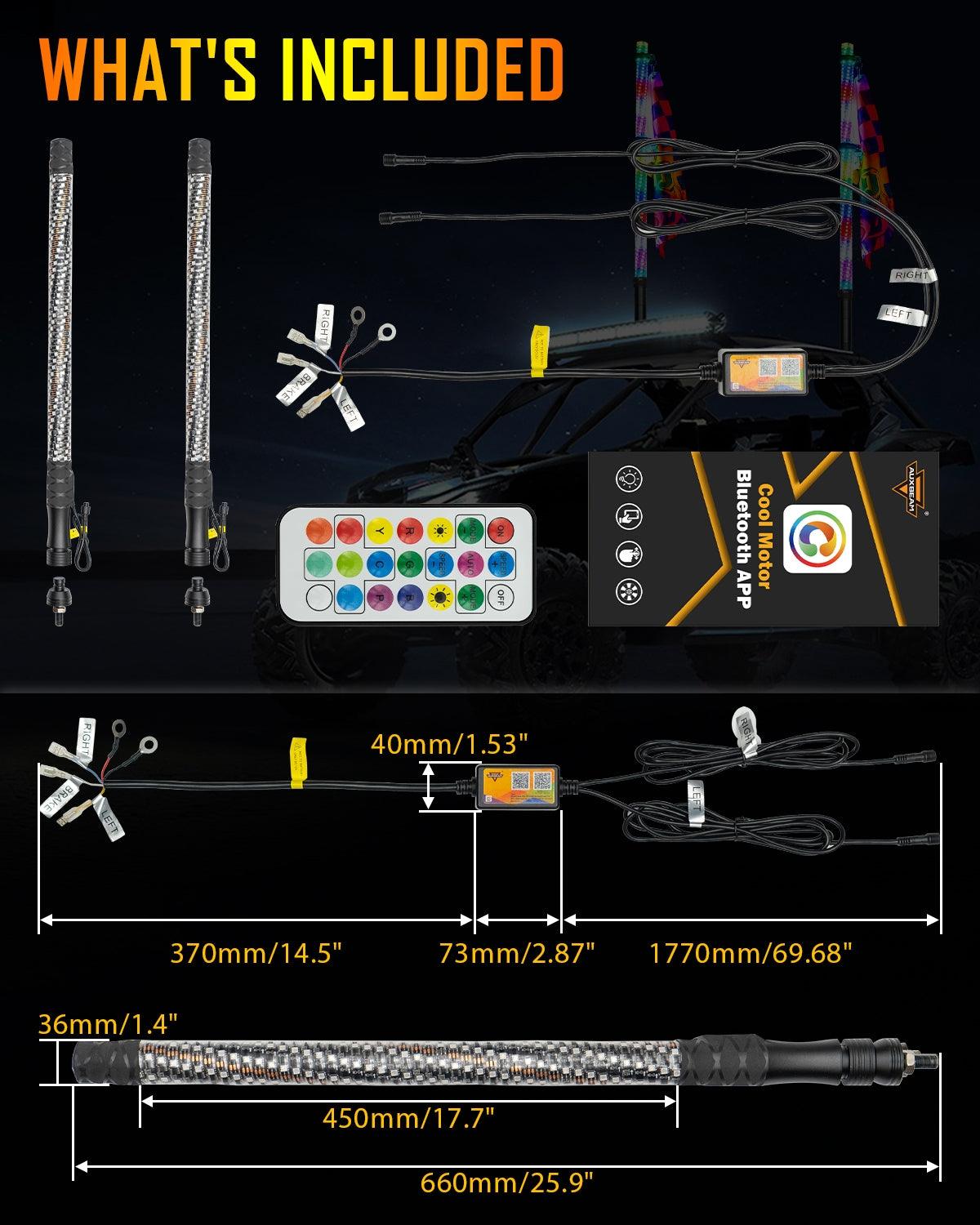 New 2.2FT LED RGB Whip Lights with Turn Signal & Brake Light, Bluetooth APP/ Remote Control