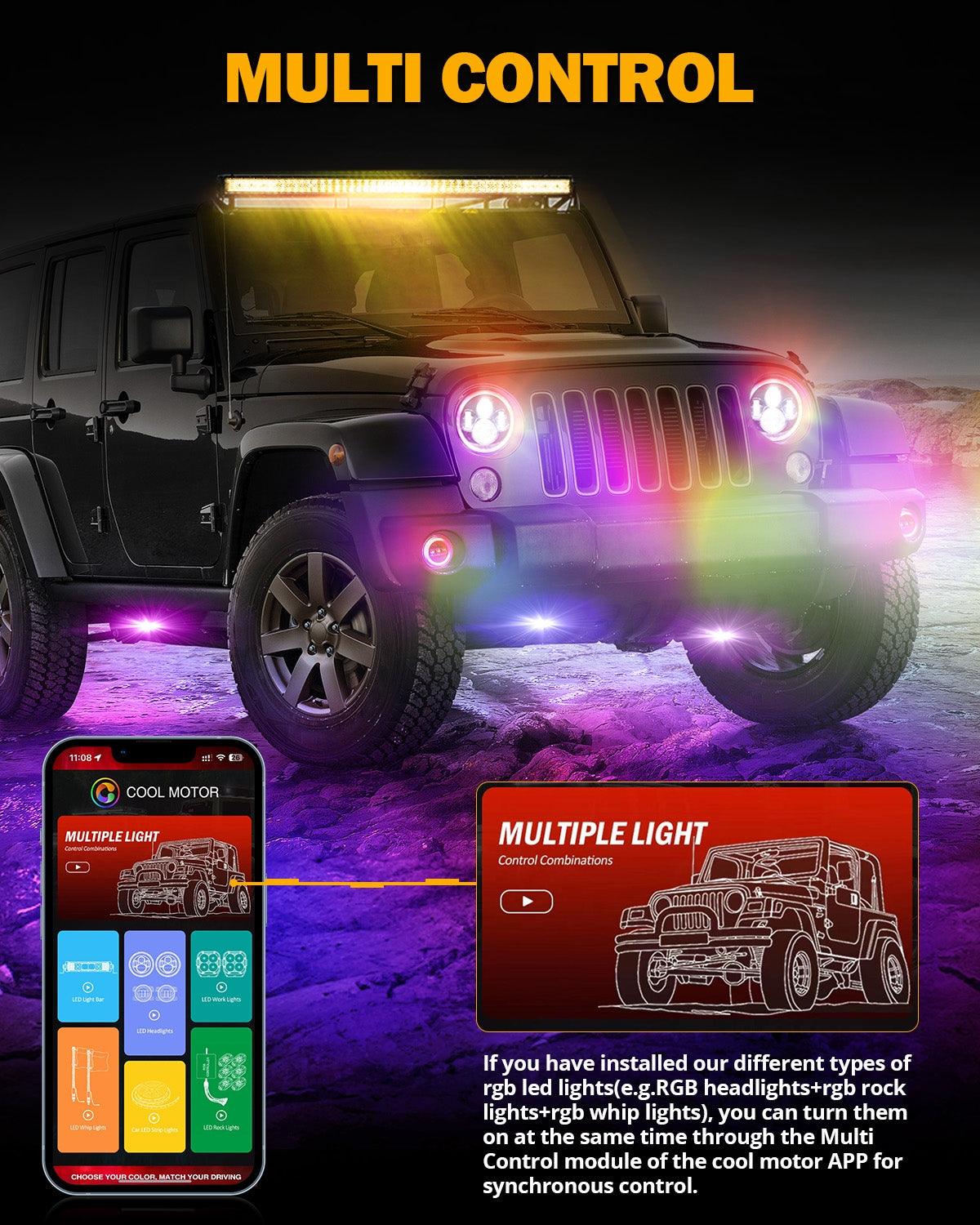 مجموعة مصابيح أمامية RGB مُحسّنة مقاس 7 بوصات + مصابيح ضباب مقاس 4 بوصات لسيارة Jeep Wrangler JK مع التحكم عبر التطبيق 