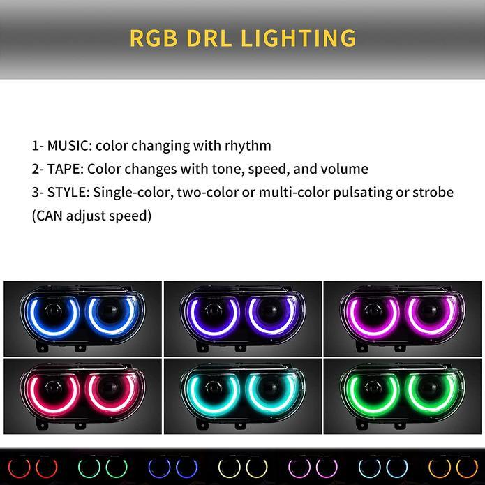 مجموعة مصابيح أمامية LED بنمط RGB مع جهاز عرض مزدوج الشعاع باللون الأسود لسيارة دودج تشالنجر الجيل الثالث (ما قبل التعديل) موديلات 2008-2014