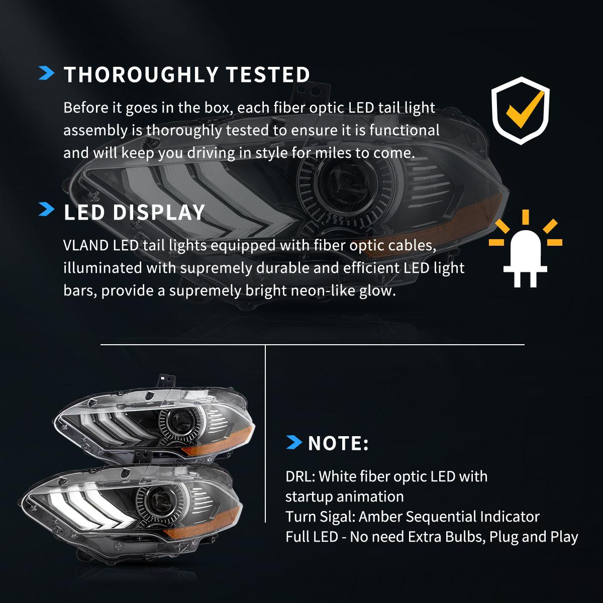 مجموعة مصابيح أمامية LED مزدوجة الشعاع باللون الأسود لسيارة فورد موستانج الجيل السادس المحدثة موديلات 2018-2024