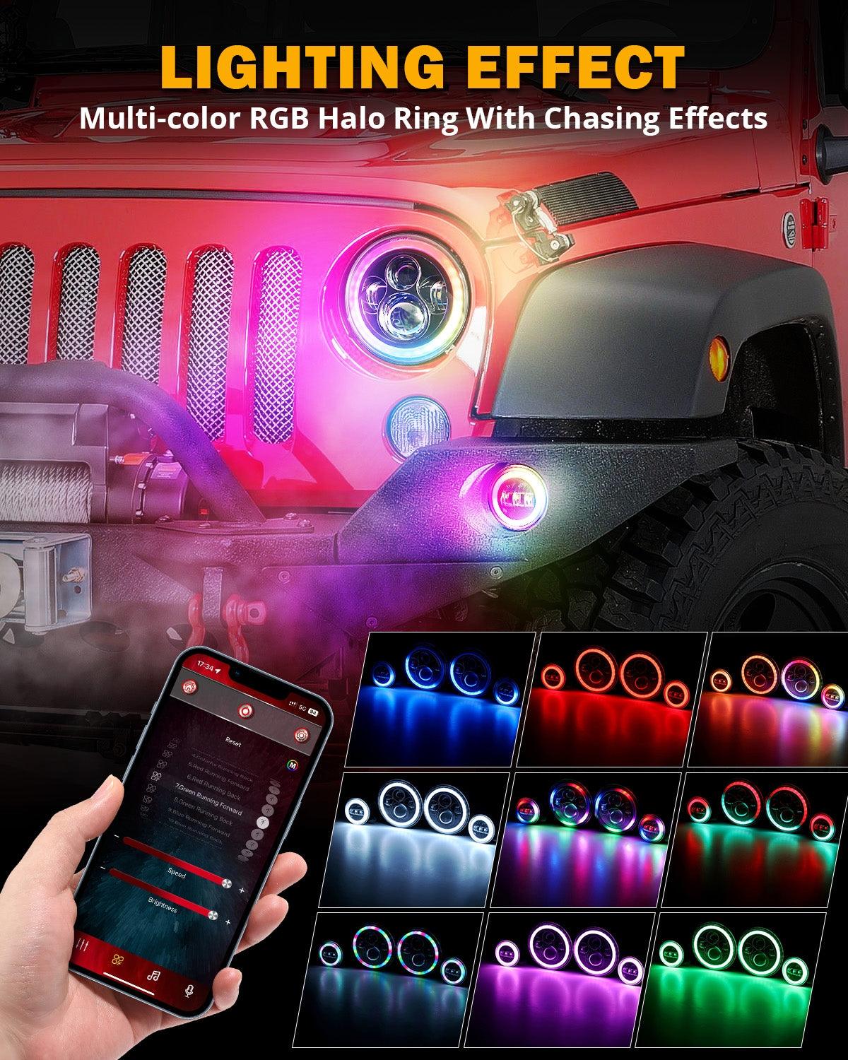 مجموعة مصابيح أمامية RGB مُحسّنة مقاس 7 بوصات + مصابيح ضباب مقاس 4 بوصات لسيارة Jeep Wrangler JK مع التحكم عبر التطبيق 