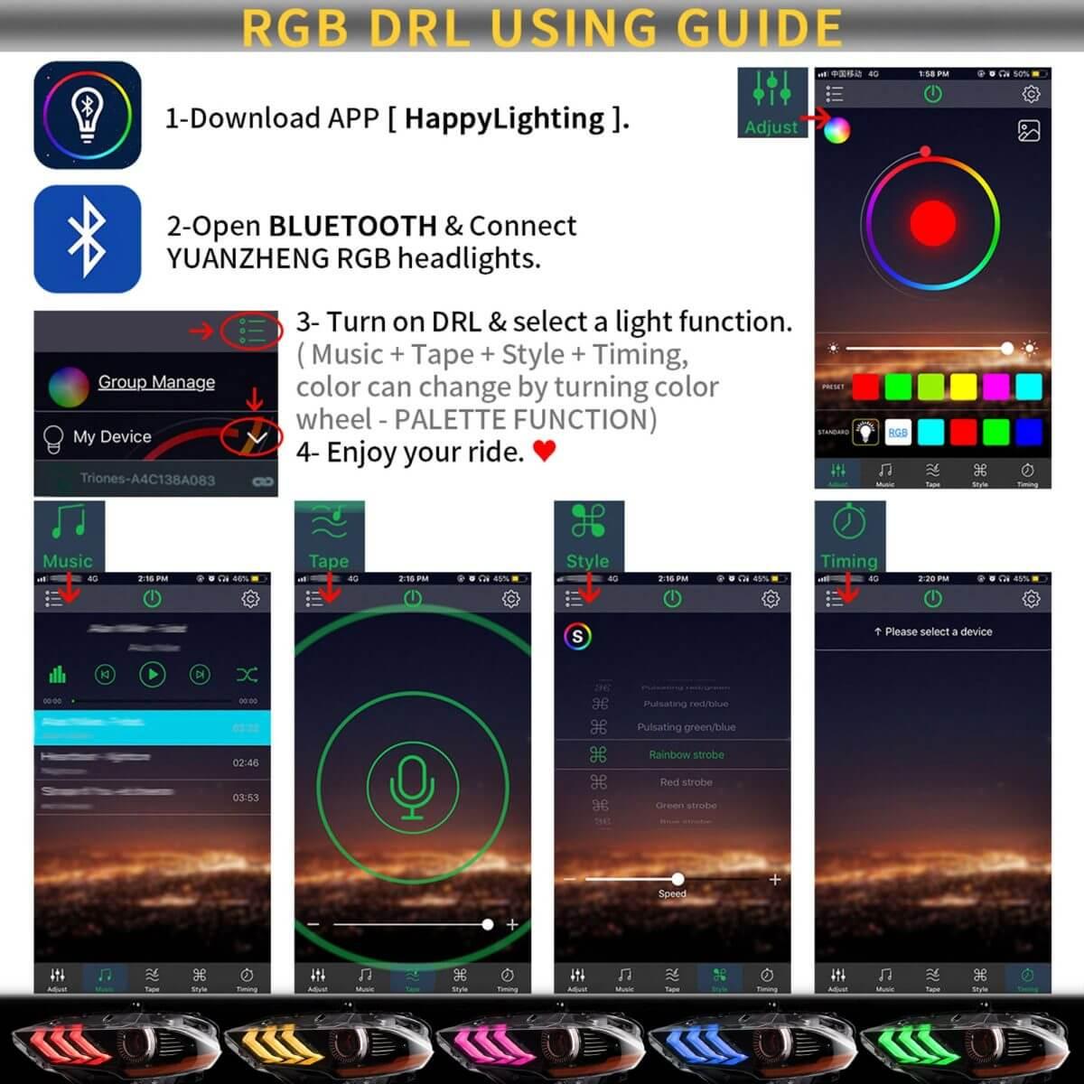 LED Headlight Assembly RGB Dual Beam Projector For 2018-up Ford Mustang 6th Gen Black