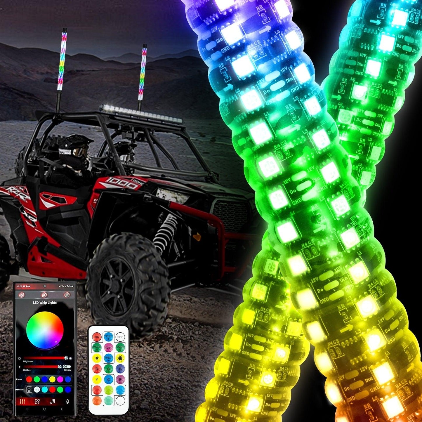 New LED RGB Whip Lights with Turn Signal & Brake Light, Bluetooth APP/ Remote Control