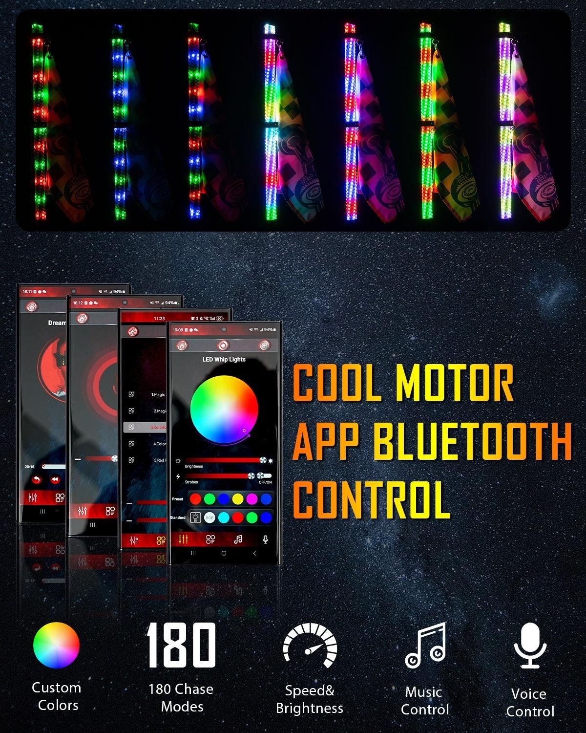 New LED RGB Whip Lights with Turn Signal & Brake Light, Bluetooth APP/ Remote Control
