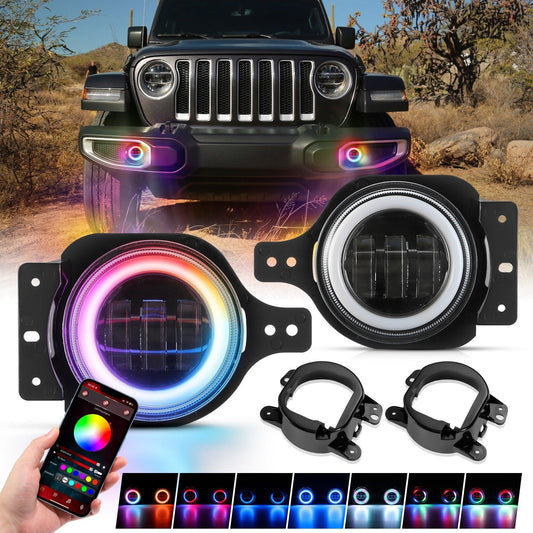 Upgraded 4 Inch LED Fog Lights with RGB Halo Ring &amp; Turn Signal Light, Bluetooth Control for Jeep Wrangler JK/JL 2018-2024 
