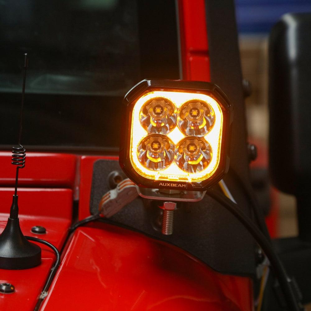 سلسلة Color Play، مصابيح LED سبوت 100 وات، مقاس 3 بوصات، مصابيح للطرق الوعرة مع مصابيح DRL بيضاء ومصابيح إشارة انعطاف باللون الكهرماني 