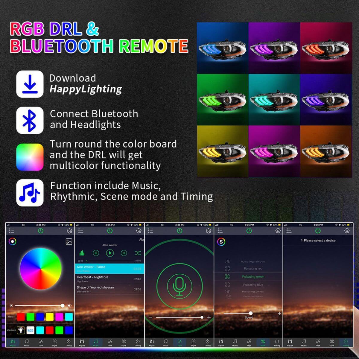 LED Headlight Assembly RGB Dual Beam Projector For 2018-up Ford Mustang 6th Gen Black