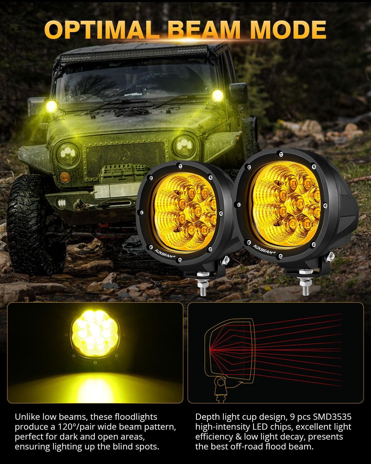 P4 Series | 4 Inch 90W 9000LM Round LED Driving Lights Flood Amber Pod Lights - Auxbeam  – éclairage LED auto
