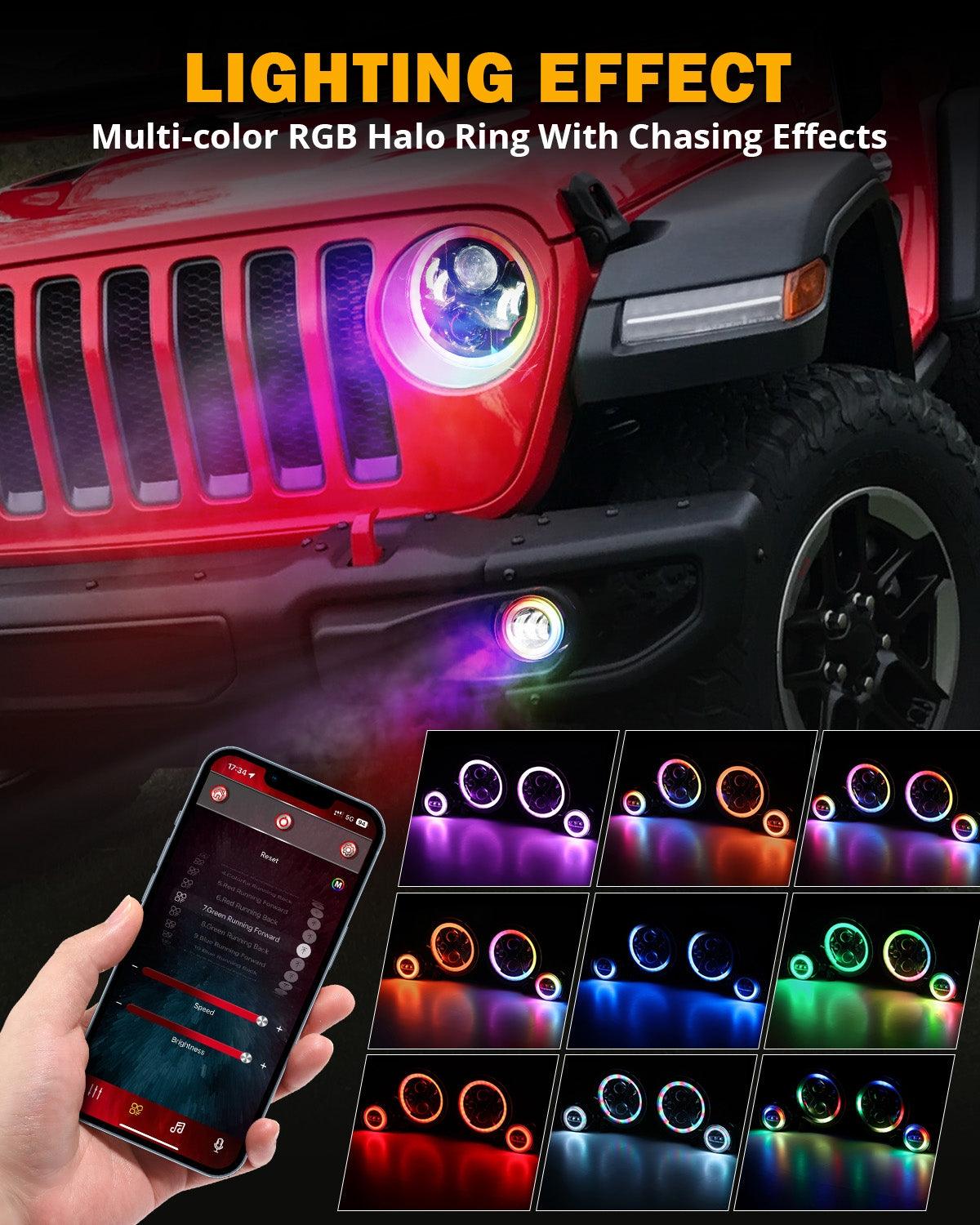 مجموعة مصابيح أمامية RGB مُحسّنة مقاس 9 بوصات + مصابيح ضباب مقاس 4 بوصات لسيارة Jeep Wrangler JL مع التحكم عبر التطبيق 