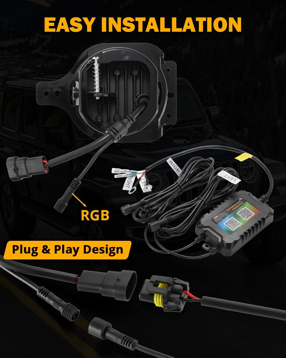 مصابيح ضباب LED مُحسّنة مقاس 4 بوصات مع حلقة هالة RGB وضوء إشارة انعطاف، وتحكم بلوتوث لسيارة جيب رانجلر JK/JL 2018-2024 