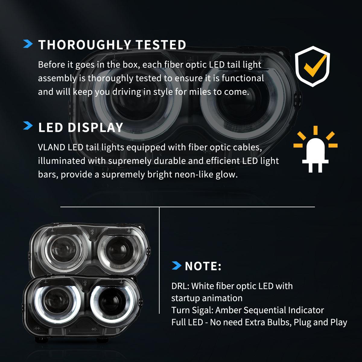 مجموعة مصابيح أمامية LED RGB ثنائية الشعاع باللون الأسود لسيارة دودج تشالنجر الجيل الثالث المحدثة موديلات 2015-2024