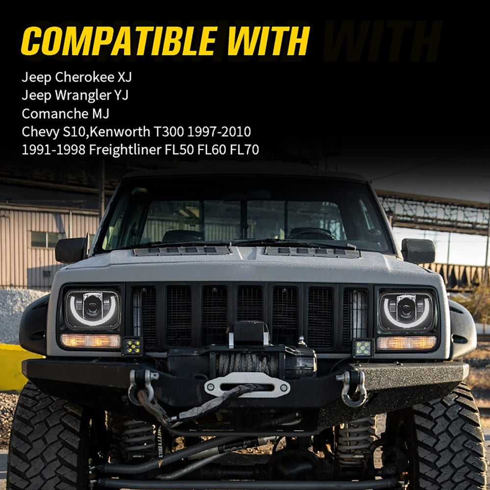 7x6 Inch Sealed Beam LED Headlights with Hi-Lo Beam & Amber Turn Signal White DRL for Jeep Cherokee XJ/Wrangler YJ/Comanche MJ