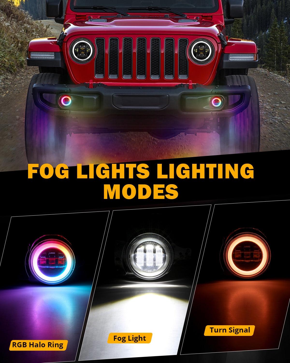 مجموعة مصابيح أمامية RGB مُحسّنة مقاس 9 بوصات + مصابيح ضباب مقاس 4 بوصات لسيارة Jeep Wrangler JL مع التحكم عبر التطبيق 