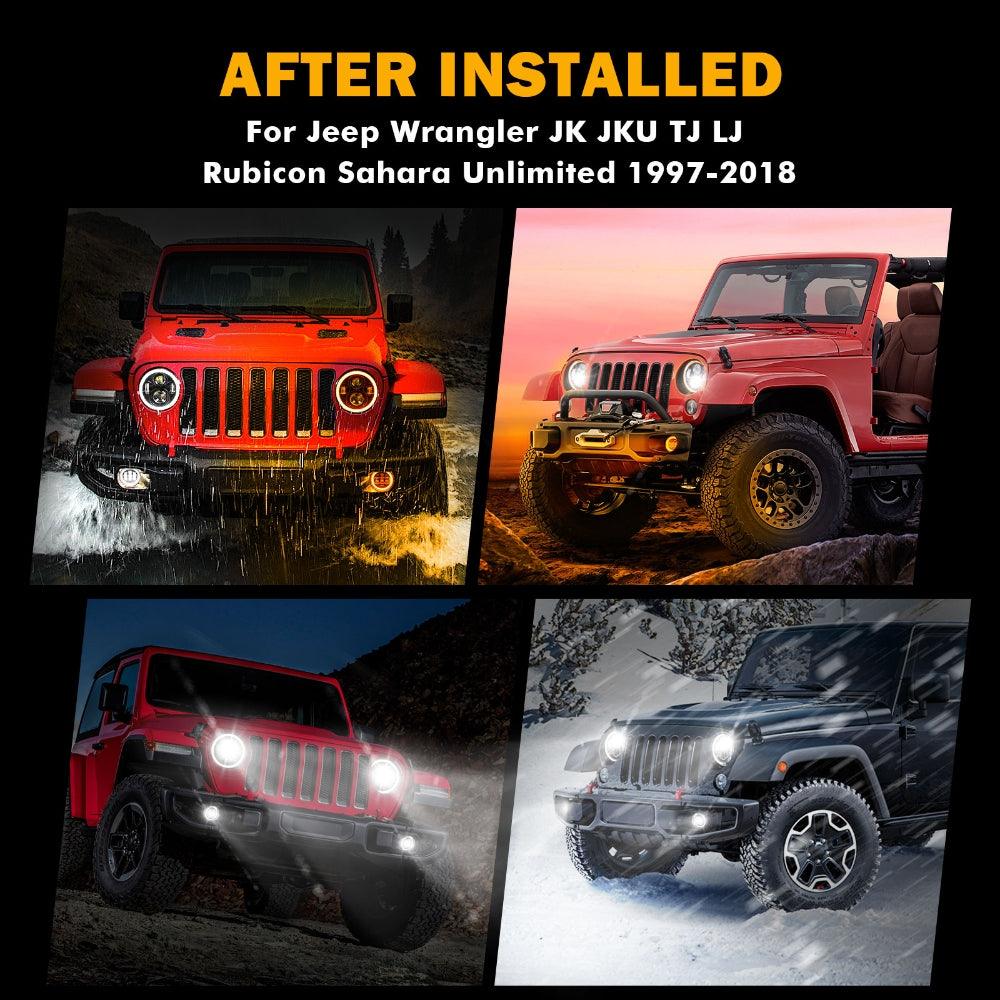 مجموعة مصابيح أمامية LED مقاس 7 بوصات + مصابيح ضباب LED مقاس 4 بوصات مع إشارة انعطاف هالة DRL عالية ومنخفضة الشعاع لسيارة جيب رانجلر JK JKU TJ LJ Rubicon Sahara Unlimited 1997-2018 