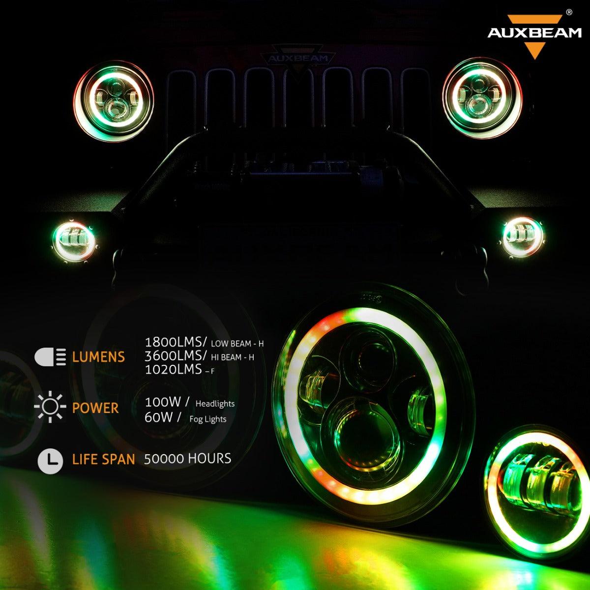 RGB 7 Inch Headlight + 4 Inch Fog Light Combo for Jeep Wrangler JK TJ LJ CJ 1997-2018, Bluetooth Multi-color