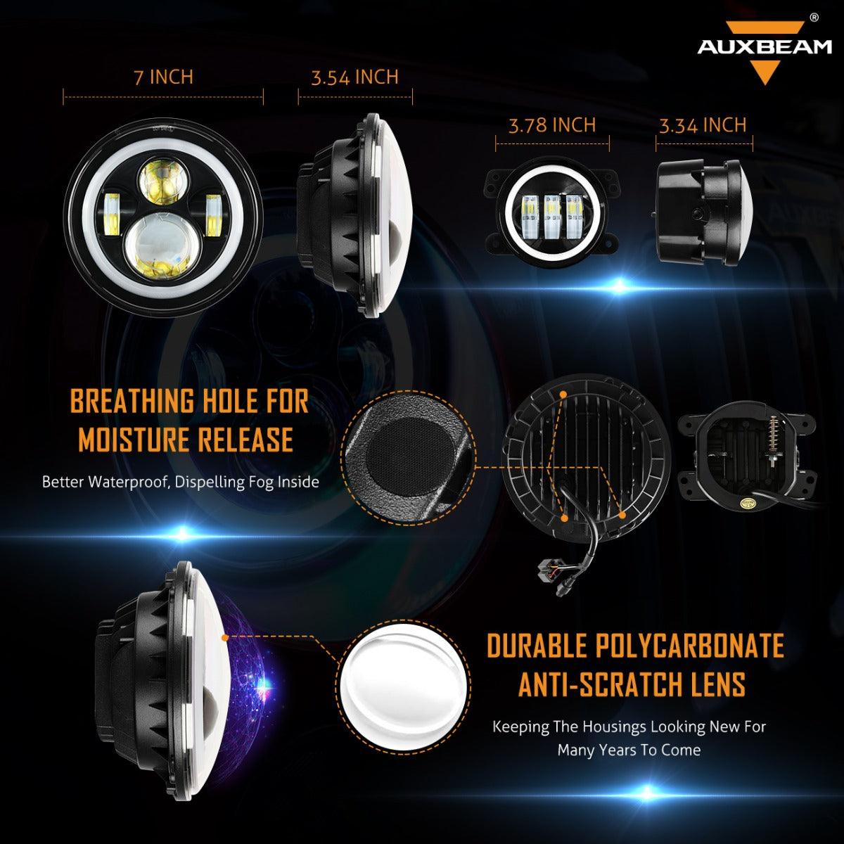 RGB 7 Inch Headlight + 4 Inch Fog Light Combo for Jeep Wrangler JK TJ LJ CJ 1997-2018, Bluetooth Multi-color