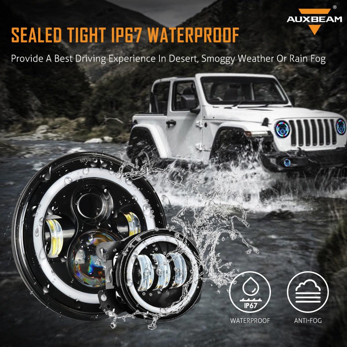 RGB 7 Inch Headlight + 4 Inch Fog Light Combo for Jeep Wrangler JK TJ LJ CJ 1997-2018, Bluetooth Multi-color