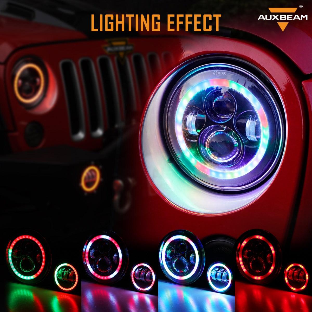 RGB 7 Inch Headlight + 4 Inch Fog Light Combo for Jeep Wrangler JK TJ LJ CJ 1997-2018, Bluetooth Multi-color