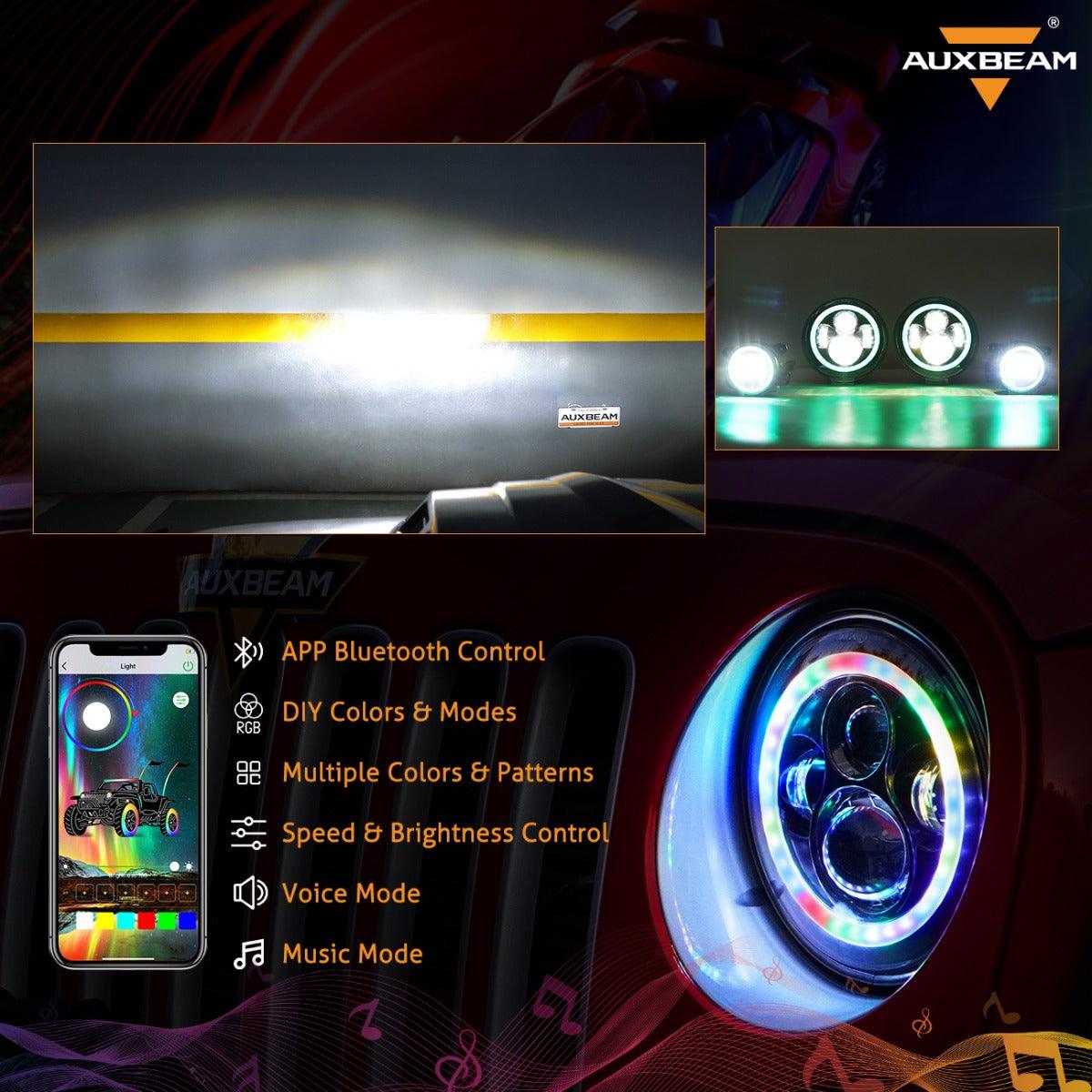 RGB 7 Inch Headlight + 4 Inch Fog Light Combo for Jeep Wrangler JK TJ LJ CJ 1997-2018, Bluetooth Multi-color