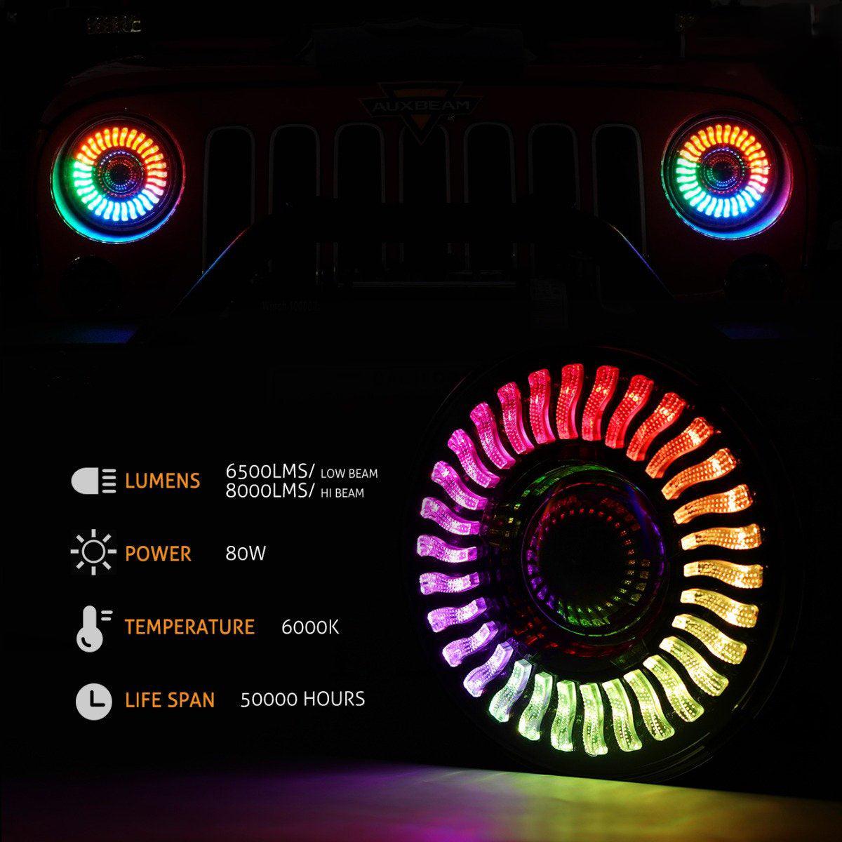(2pcs/set) 7 inch 80W Hi-Lo Beam LED Headlight With RGB Flowing Halo Ring App Control for Jeep Wrangler JK, TJ, LJ, CJ 