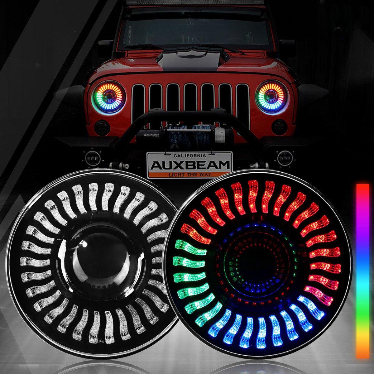 (2pcs/set) 7 inch 80W Hi-Lo Beam LED Headlight With RGB Flowing Halo Ring App Control for Jeep Wrangler JK, TJ, LJ, CJ 