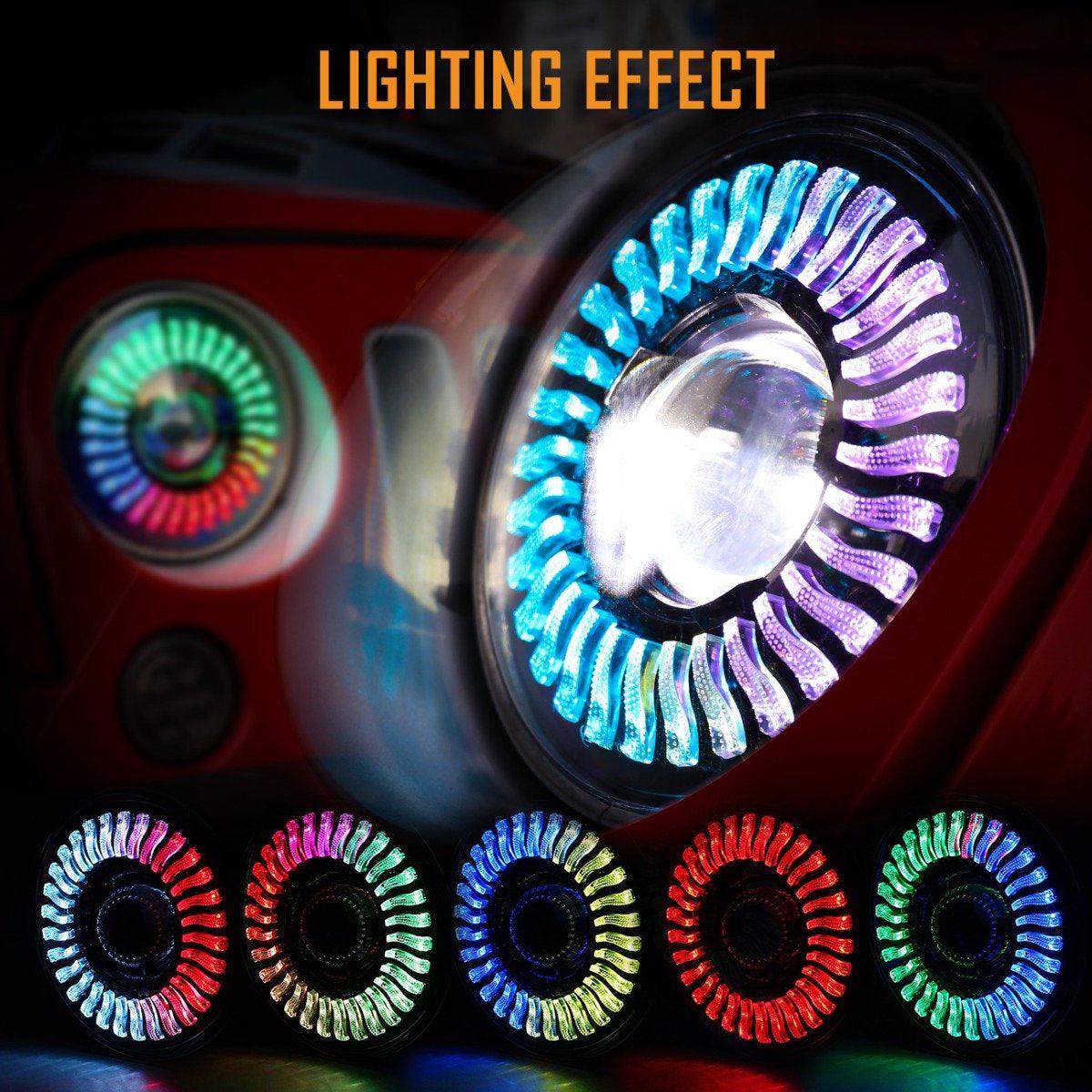 (2pcs/set) 7 inch 80W Hi-Lo Beam LED Headlight With RGB Flowing Halo Ring App Control for Jeep Wrangler JK, TJ, LJ, CJ 