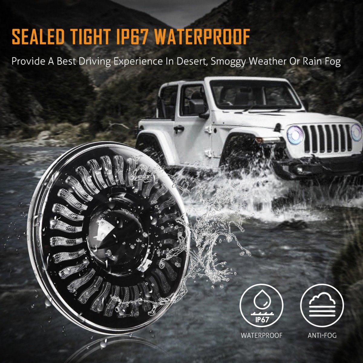 (2pcs/set) 7 inch 80W Hi-Lo Beam LED Headlight With RGB Flowing Halo Ring App Control for Jeep Wrangler JK, TJ, LJ, CJ 