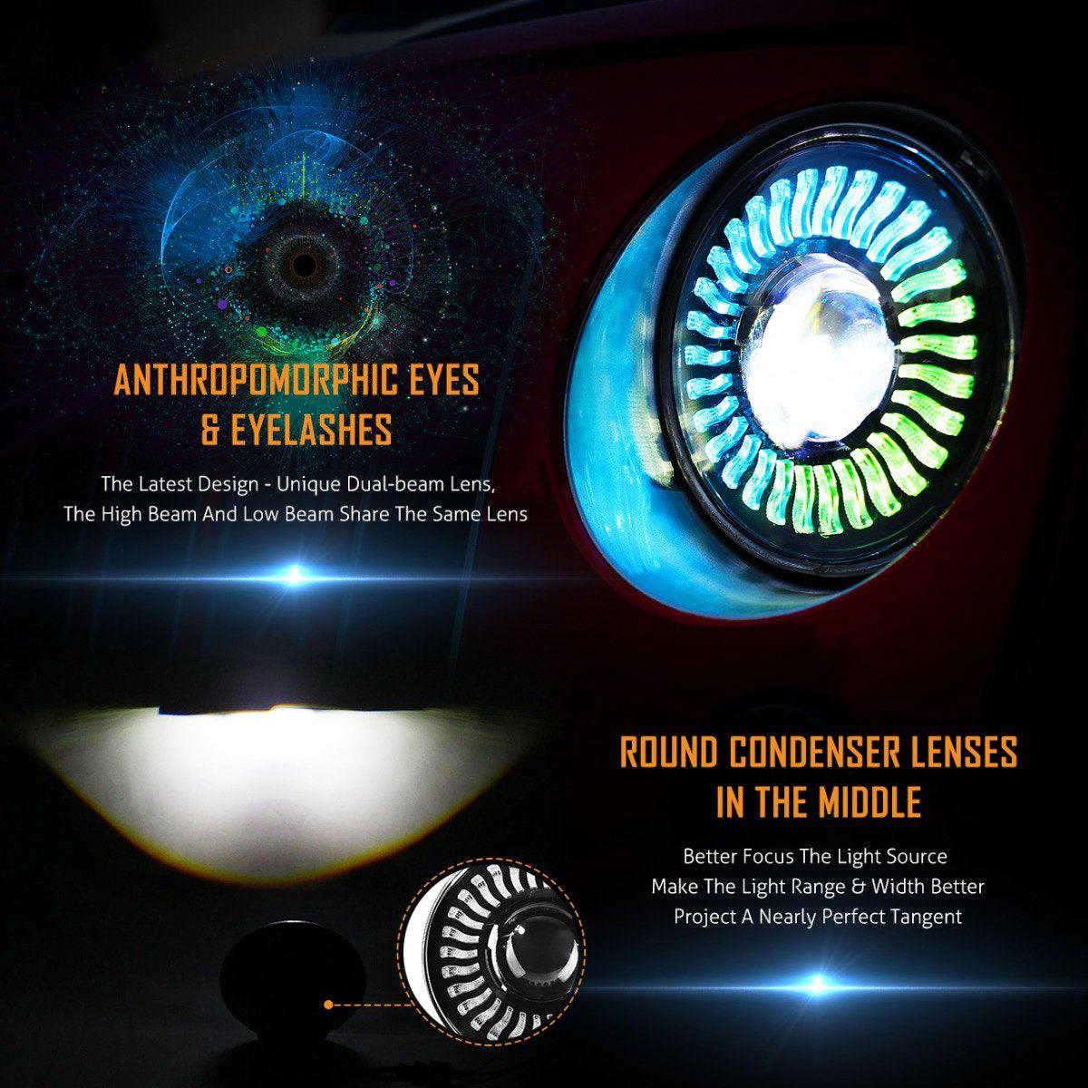 (2pcs/set) 7 inch 80W Hi-Lo Beam LED Headlight With RGB Flowing Halo Ring App Control for Jeep Wrangler JK, TJ, LJ, CJ 