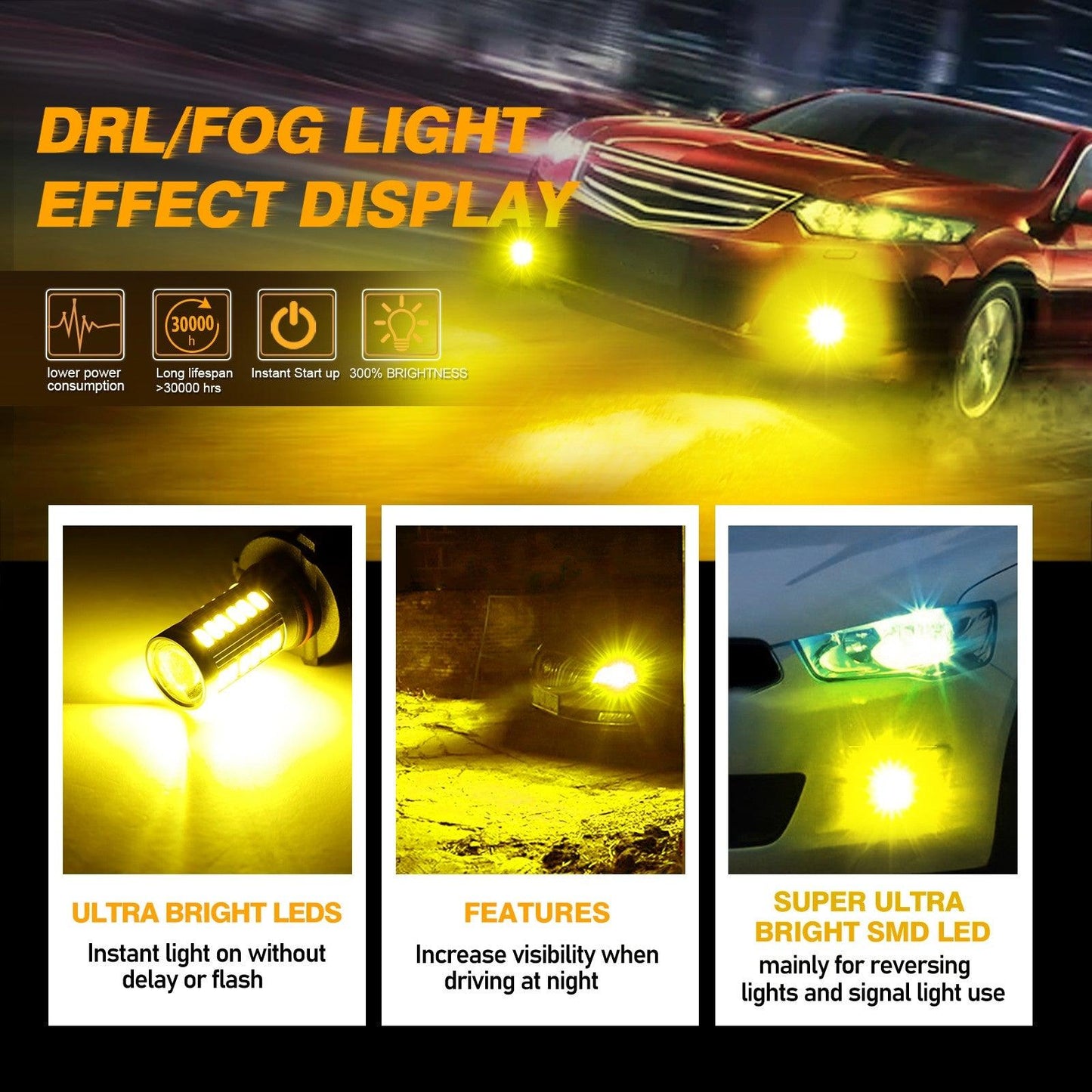 H10 9145 9140 HB3 LED Fog Light/DRL 50W 4000LM Golden Yellow 33LED Series | 2 Bulbs
