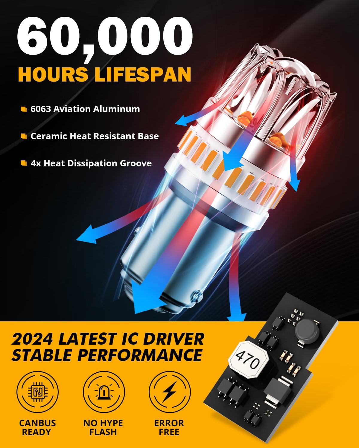 1157 BAY15D LED Turn Signal Light Rear/Front, Side Maker Light Bulbs 14W 6000LM CAN-Bus Error Free 3000K Amber Y2 Series | 2 Bulbs