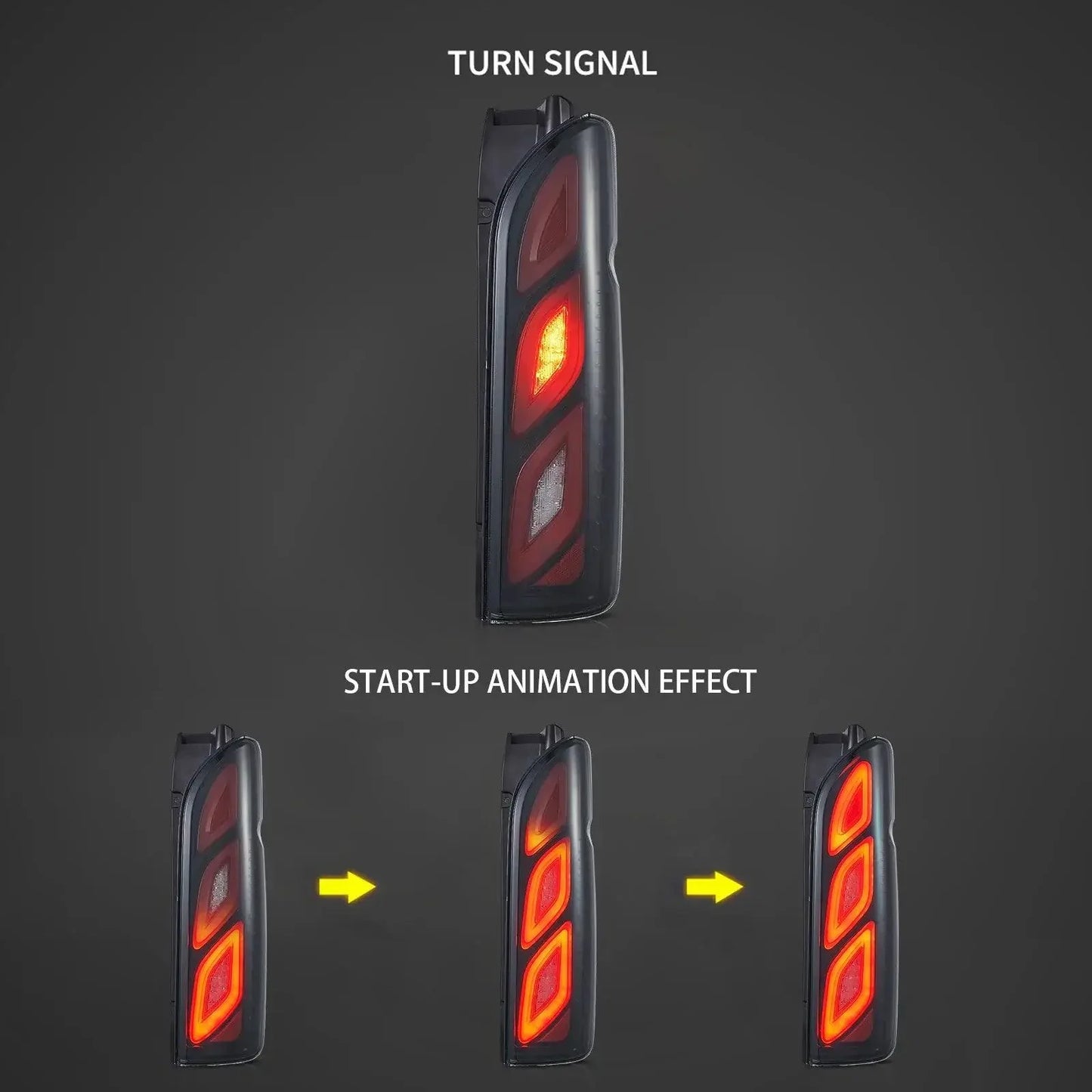 مجموعة مصابيح خلفية LED مع أضواء نهارية متحركة لسيارة تويوتا هايس الجيل الخامس (H200) موديلات 2005-2018