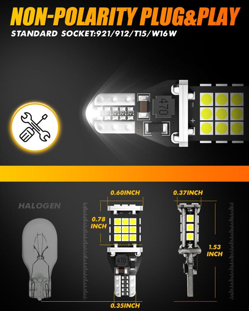 912 921 T15 W16W LED Back-up/Brake/Tail Light Bulbs 10W 300% High Brightness CAN-Bus Error Free 6500K White | 2 bulbs