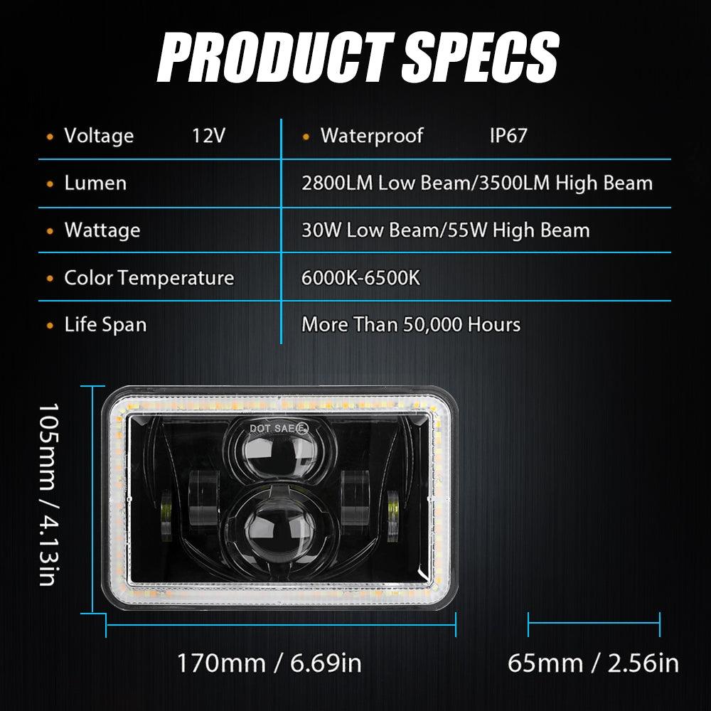 (2PCS/SET) 4x6" Sealed Beam LED Headlight with Hi-Lo Beam &amp; DRL Amber Turn Signal Light