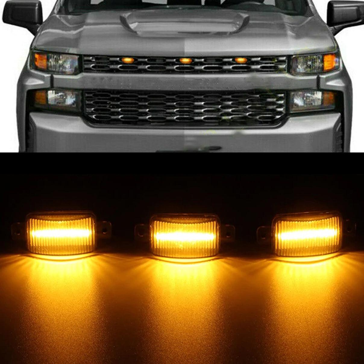 (3pcs/set) LED Front Grille Lights Raptor Style Amber Light Fit for Chevrolet Silverado 1500 2016-2021 (Amber shell/ Smoked shell）
