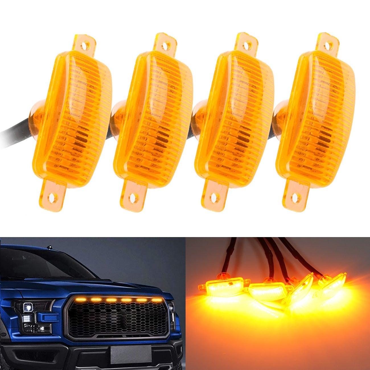 (4pcs/set) LED Front Hood Grille Lights Raptor Style Amber Light Fit for Pickup Truck Off-Road SUV (Amber Shell/ Smoked Shell) 