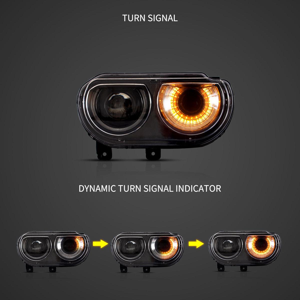 مجموعة مصابيح أمامية LED ثنائية الشعاع باللون الأسود لسيارة دودج تشالنجر الجيل الثالث (ما قبل التعديل) موديلات 2008-2014