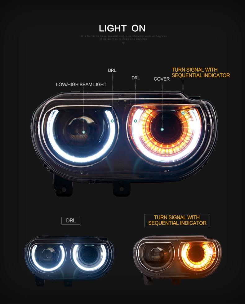 مجموعة مصابيح أمامية LED بنمط RGB مع جهاز عرض مزدوج الشعاع باللون الأسود لسيارة دودج تشالنجر الجيل الثالث (ما قبل التعديل) موديلات 2008-2014