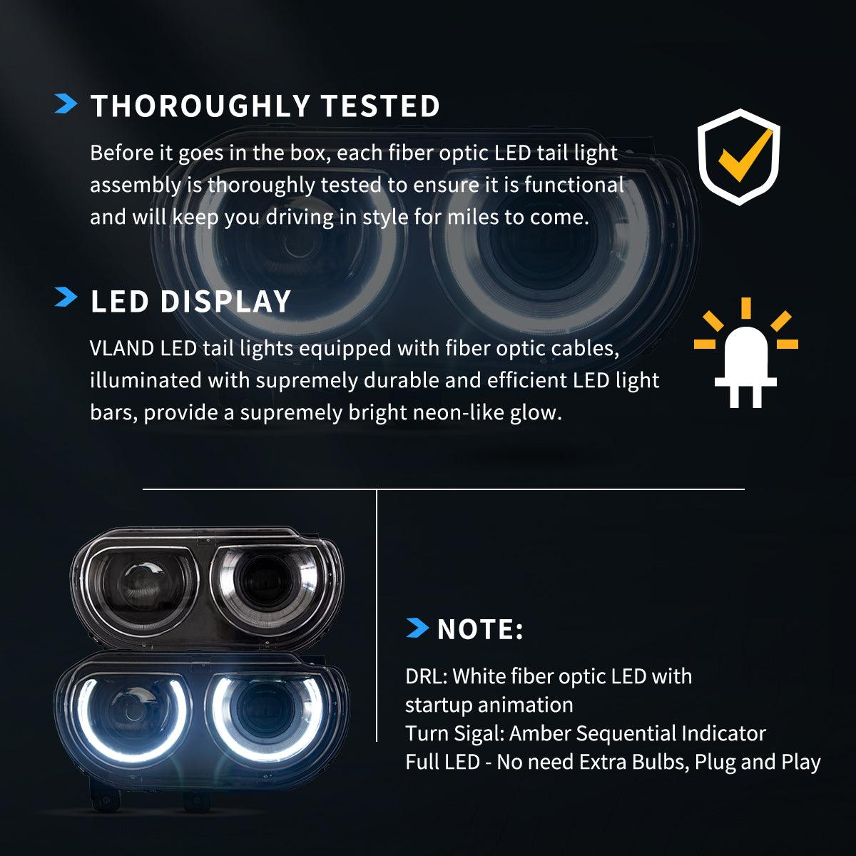 مجموعة مصابيح أمامية LED ثنائية الشعاع باللون الأسود لسيارة دودج تشالنجر الجيل الثالث (ما قبل التعديل) موديلات 2008-2014