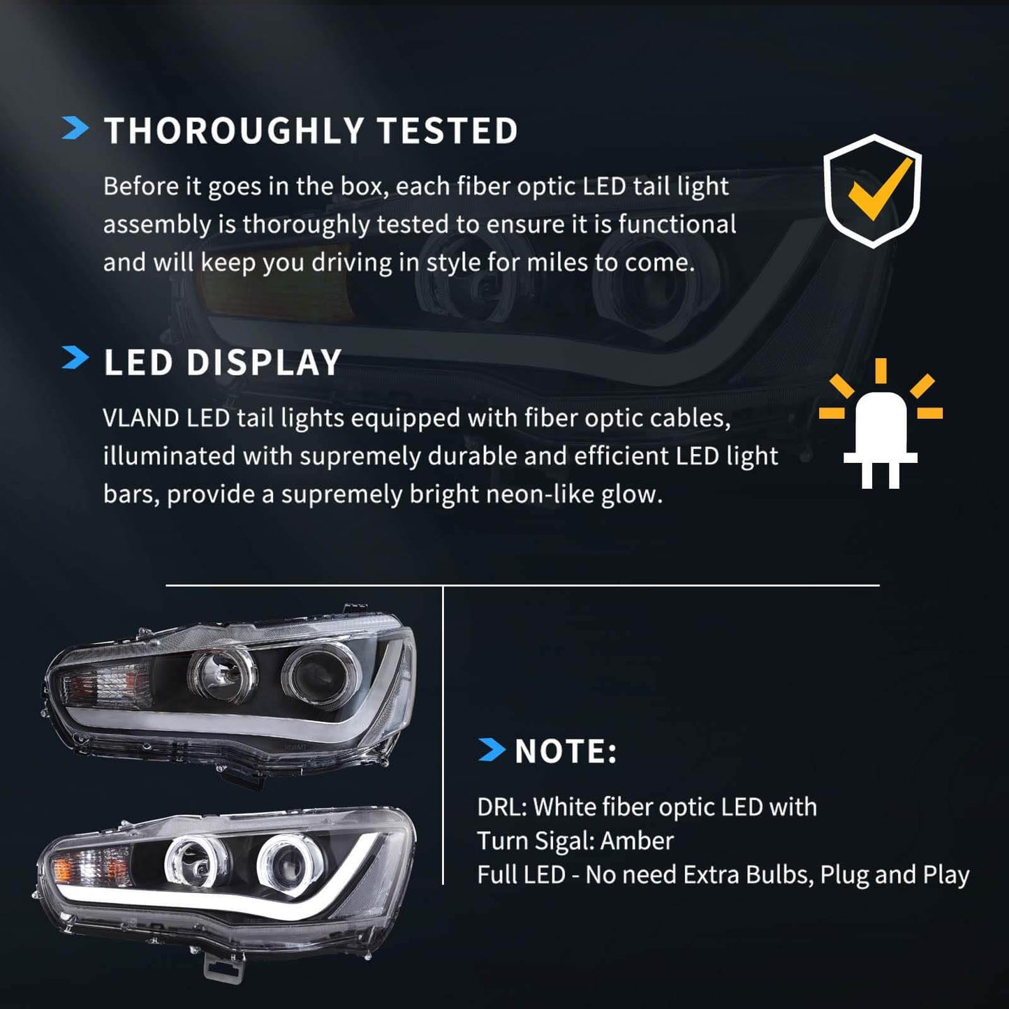 مجموعة مصابيح أمامية LED لجهاز عرض أسود لسيارة ميتسوبيشي لانسر الجيل التاسع Evo X GSR الجيل العاشر موديلات 2008-2017 (CZ4A)