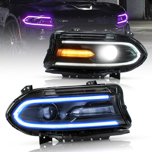 مجموعة مصابيح أمامية LED بنمط RGB مع جهاز عرض مزدوج الشعاع باللون الأسود لسيارة Dodge Charger الجيل السابع (LD) موديلات 2015-2023