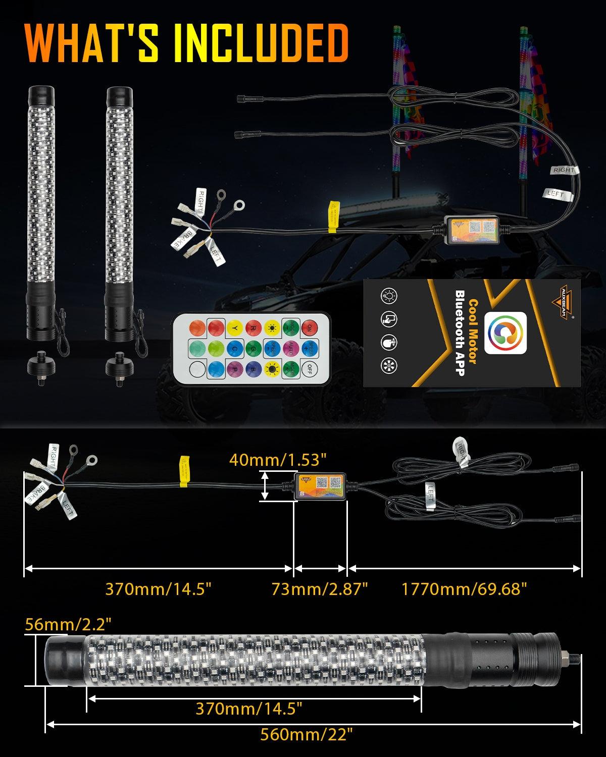 New 1.9FT LED RGB Whip Lights with Turn Signal & Brake Light, Bluetooth APP/ Remote Control