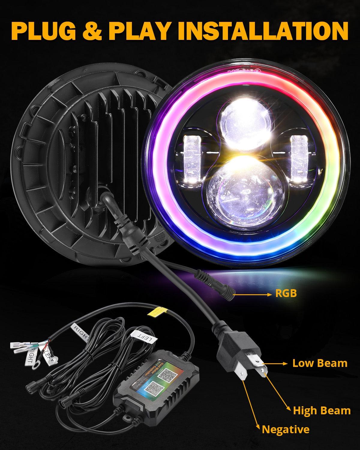 Upgraded 7 Inch Round LED Headlight with RGB Halo Ring for Jeep Wrangler JK TJ LJ 