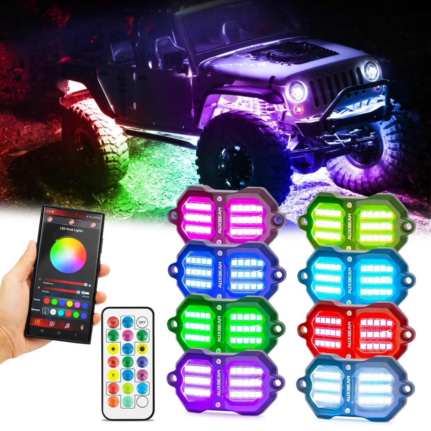 NEW Vibrant Series | 8PCS RGB LED Rock Lights Kit Multicolor Neon Underglow Lights with Bluetooth APP & Remote Control