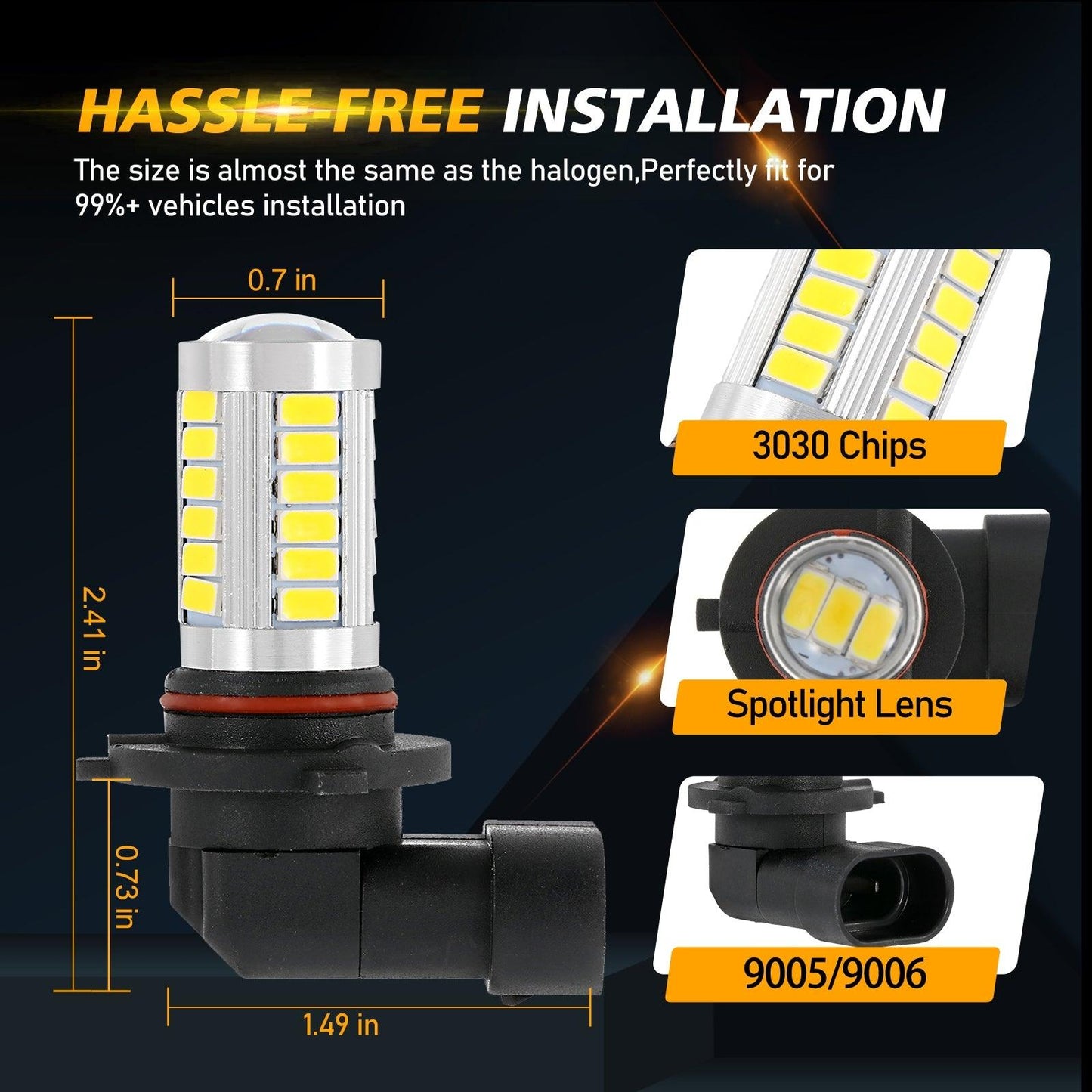 H10 9145 9140 HB3 LED Fog Light/DRL 50W 4000LM Golden Yellow 33LED Series | 2 Bulbs