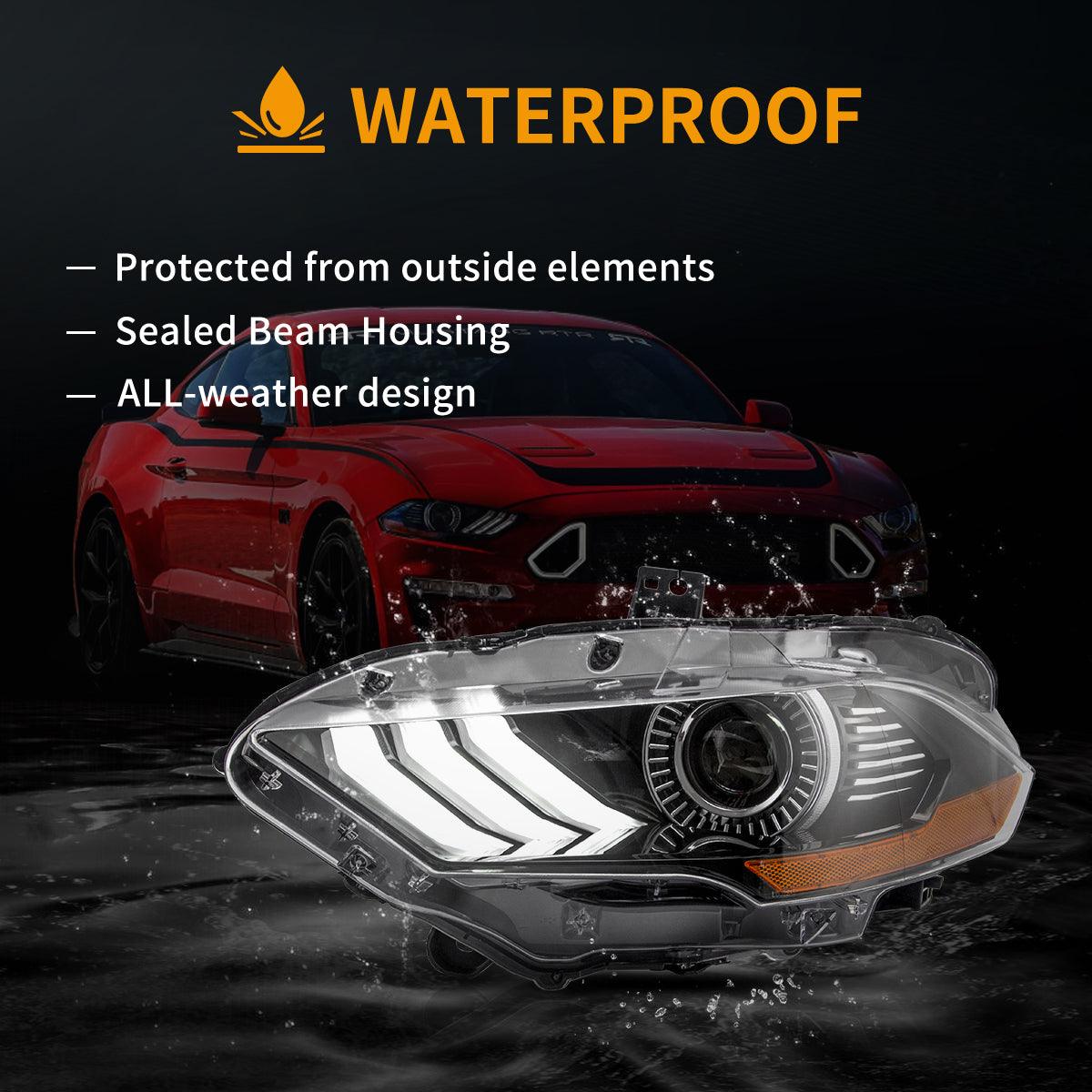 مجموعة مصابيح أمامية LED مزدوجة الشعاع باللون الأسود لسيارة فورد موستانج الجيل السادس المحدثة موديلات 2018-2024