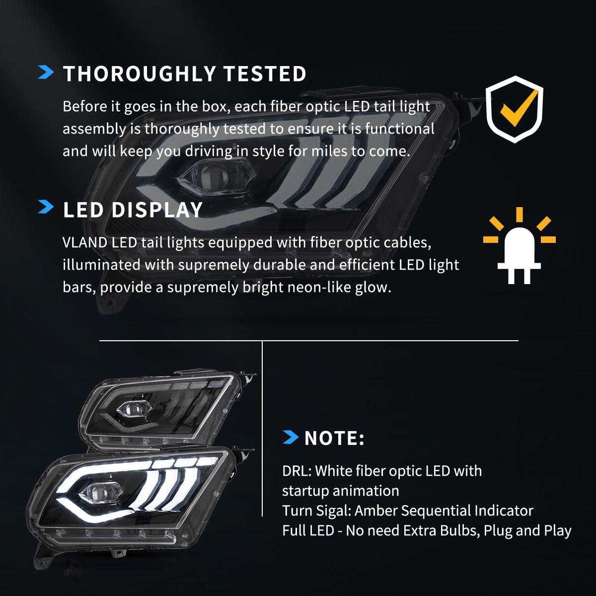 LED Headlight Assembly Dual Beam Projector Black For 2010-2014 Ford Mustang 5th Gen Facelifted